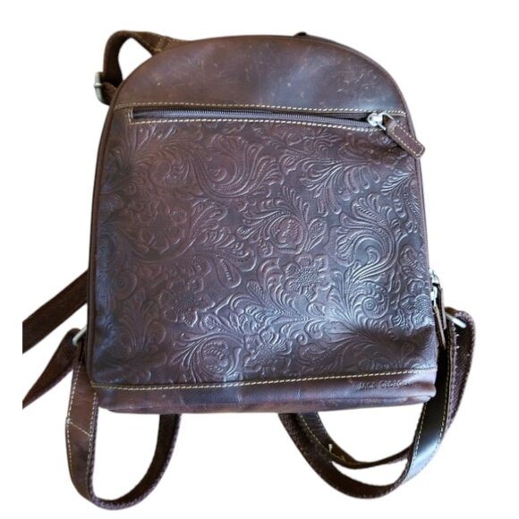 Jack Georges Handbags - Jack Georges Brown Floral Embossed Leather Backpack Tote Satchel Bag Purse
